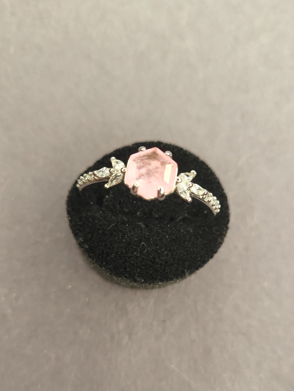 Delicate Silver Ring with Pink Octagon Stone and Accent Crystals